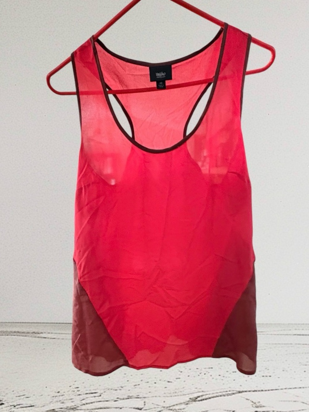 Mossimo sheer red razorback tank with brown asymmetrical side panels XS